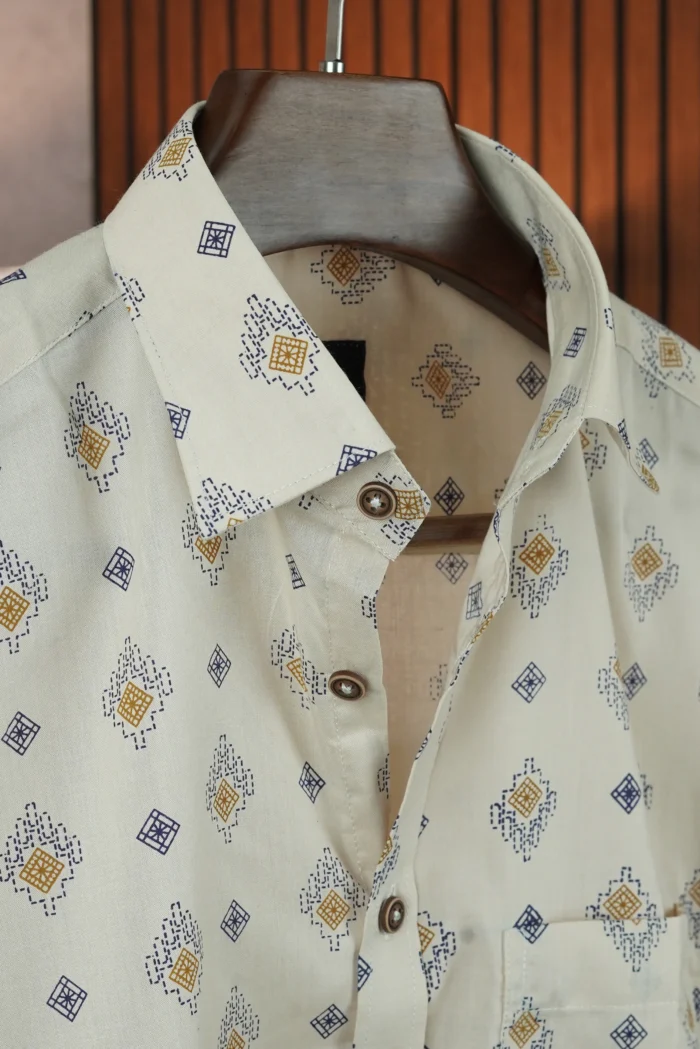 MENVO Cream Tribal Half Sleeve Shirt