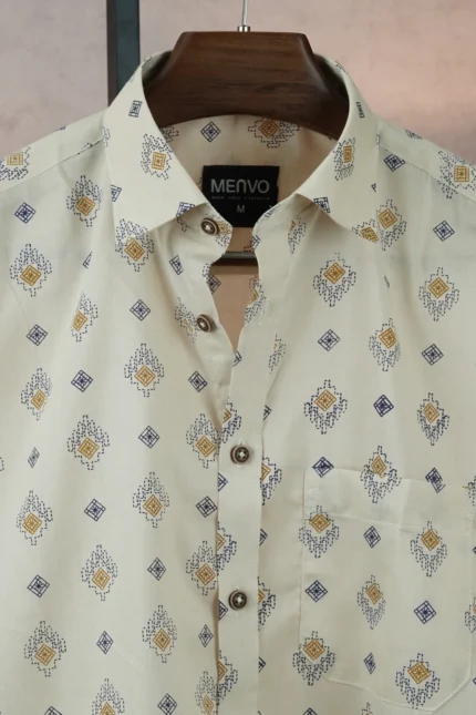 MENVO Cream Tribal Half Sleeve Shirt