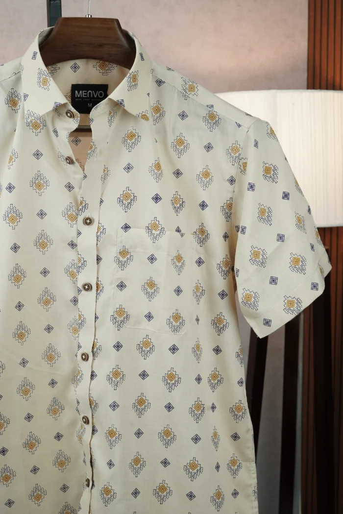 MENVO Cream Tribal Half Sleeve Shirt