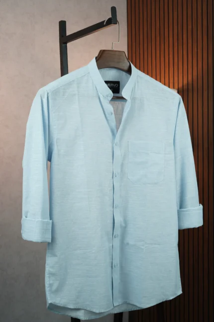 MENVO Band Collar Shirt - Ice Blue