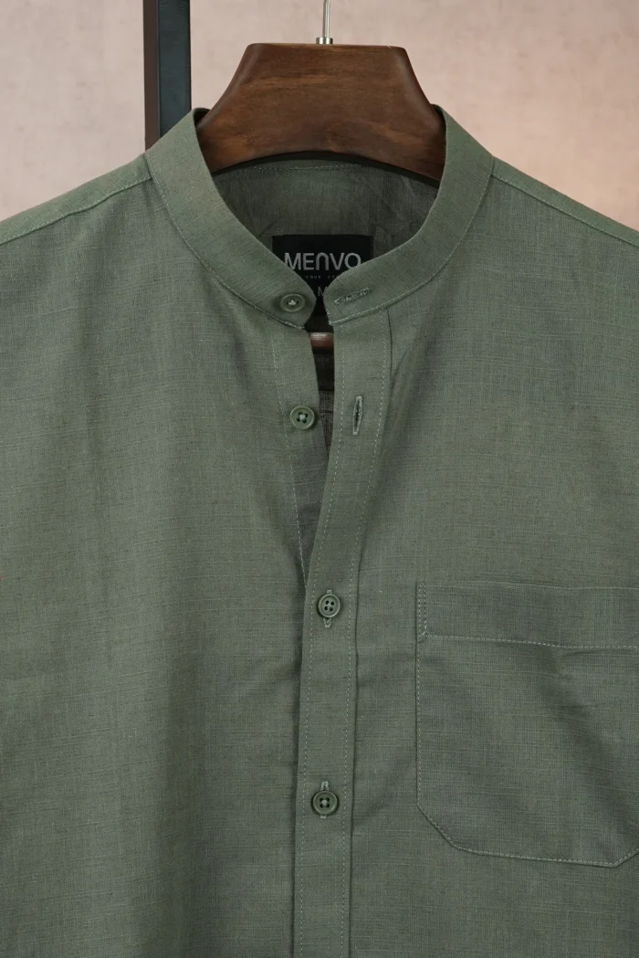 MENVO Band Collar Shirt - Olive Green