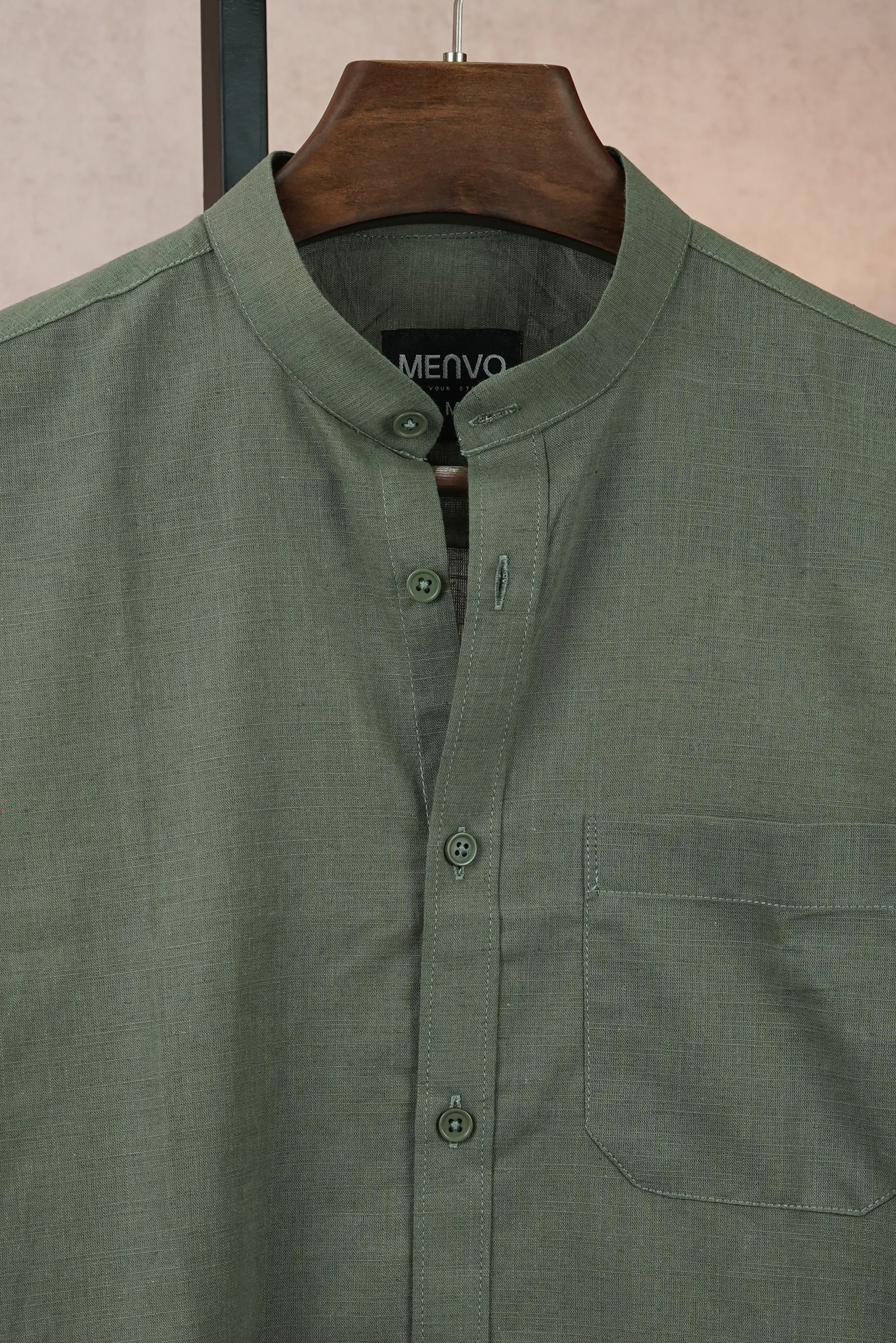 MENVO Band Collar Shirt - Olive Green