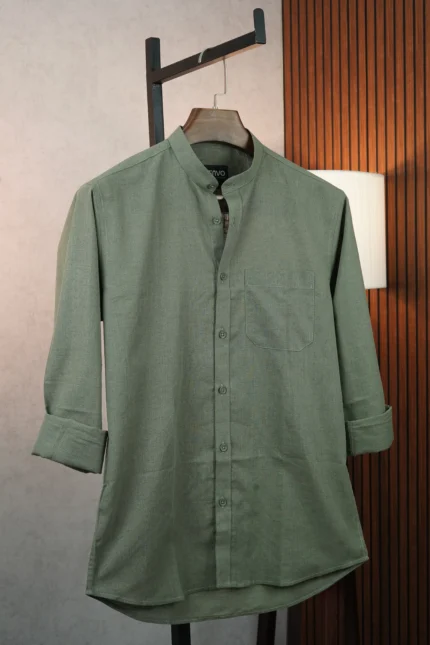 MENVO Band Collar Shirt - Olive Green