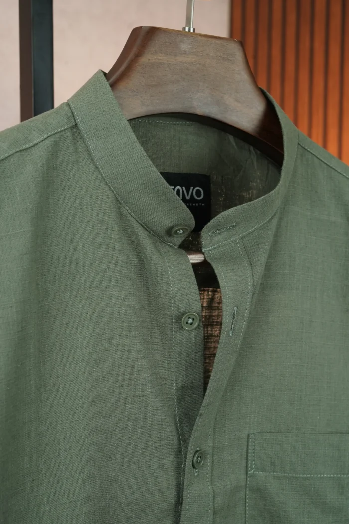MENVO Band Collar Shirt - Olive Green